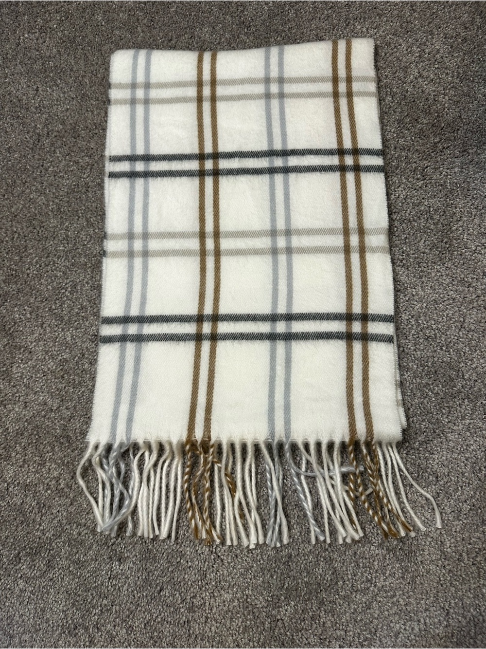 Classic Plaid Fringe Scarf in Cream and Gray - Picture 3 of 3
